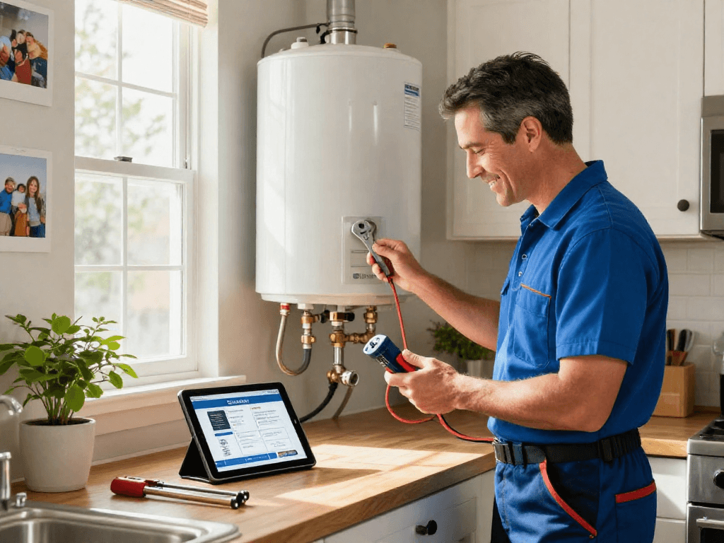 Professional technician performing direct water heater repair Fort Worth in a cozy kitchen setting, ensuring quality service at home.