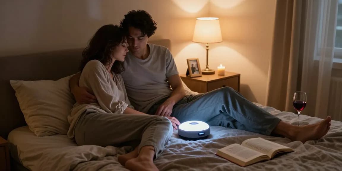 Couple engaging with sex AI device in intimate bedroom setting.