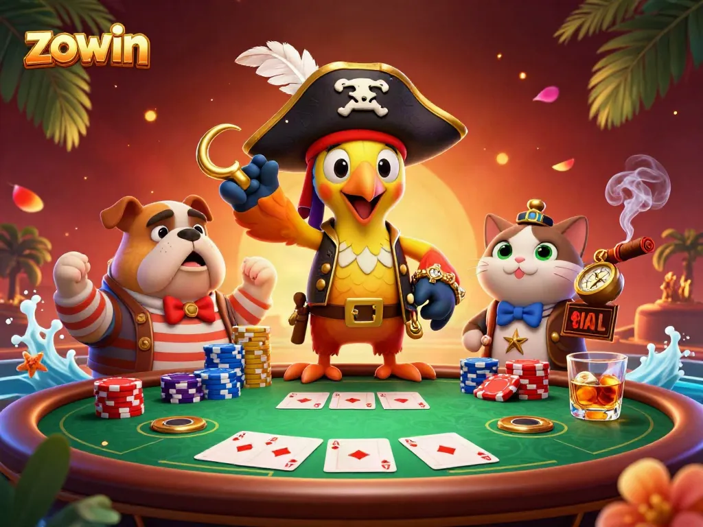 Zowin casino scene featuring a pirate captain, bulldog, and cat around a poker table.