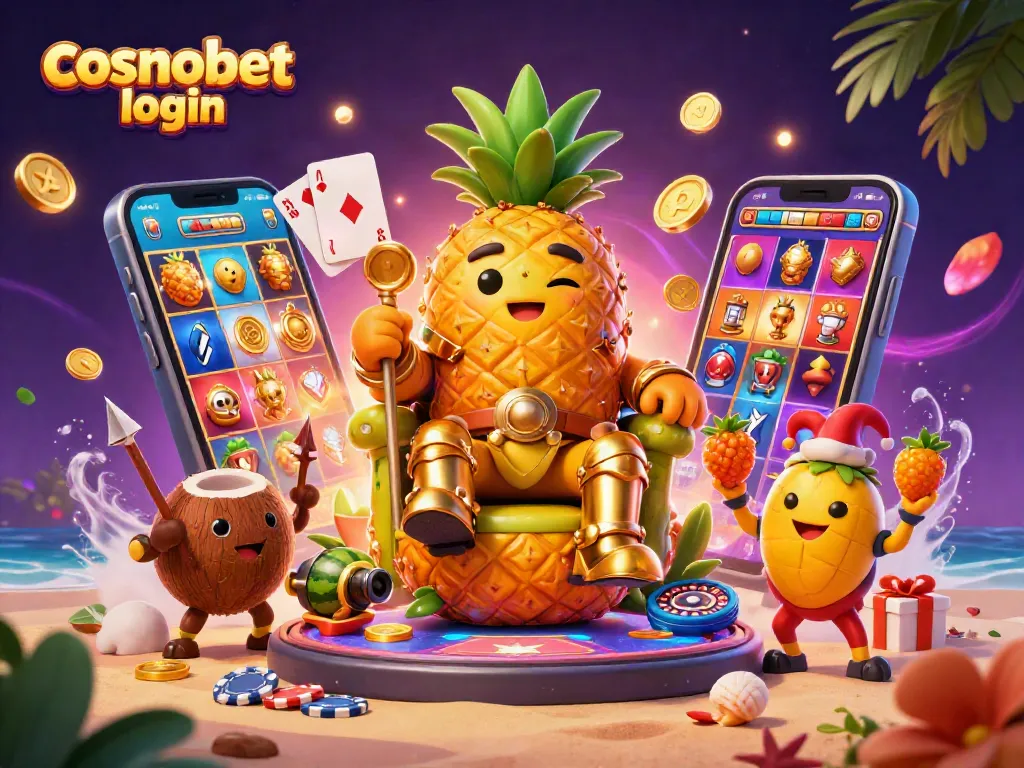 Experience the excitement of cosmobet login with a vibrant 3D illustration of casino characters and games.