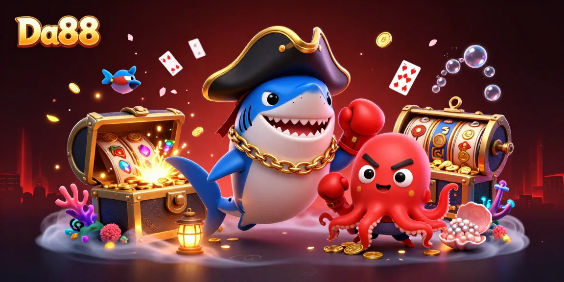 Experience the thrilling adventure of Da88 with the pirate shark and friends in a vibrant casino scene.