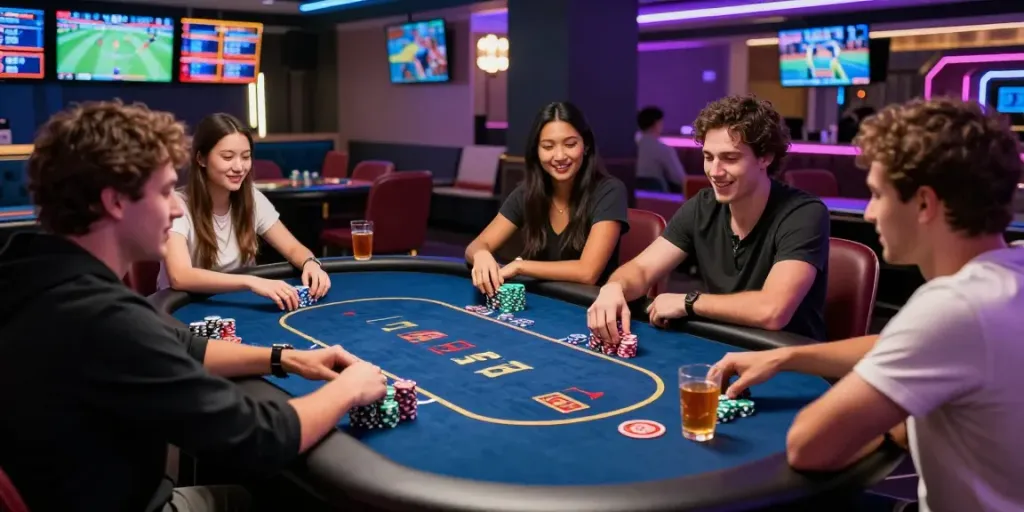 Casino gaming excitement at http://11bet-app.net/ with friends at poker table.