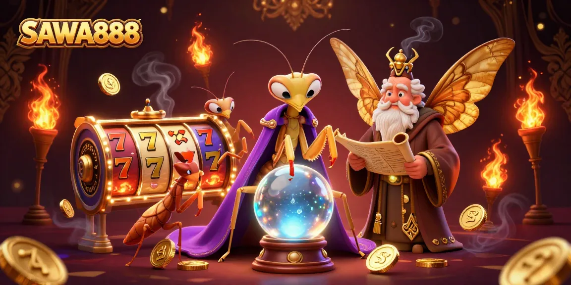 Experience the thrill of SAWA888 with dynamic slot reels and mystical characters in an enchanting casino scene.