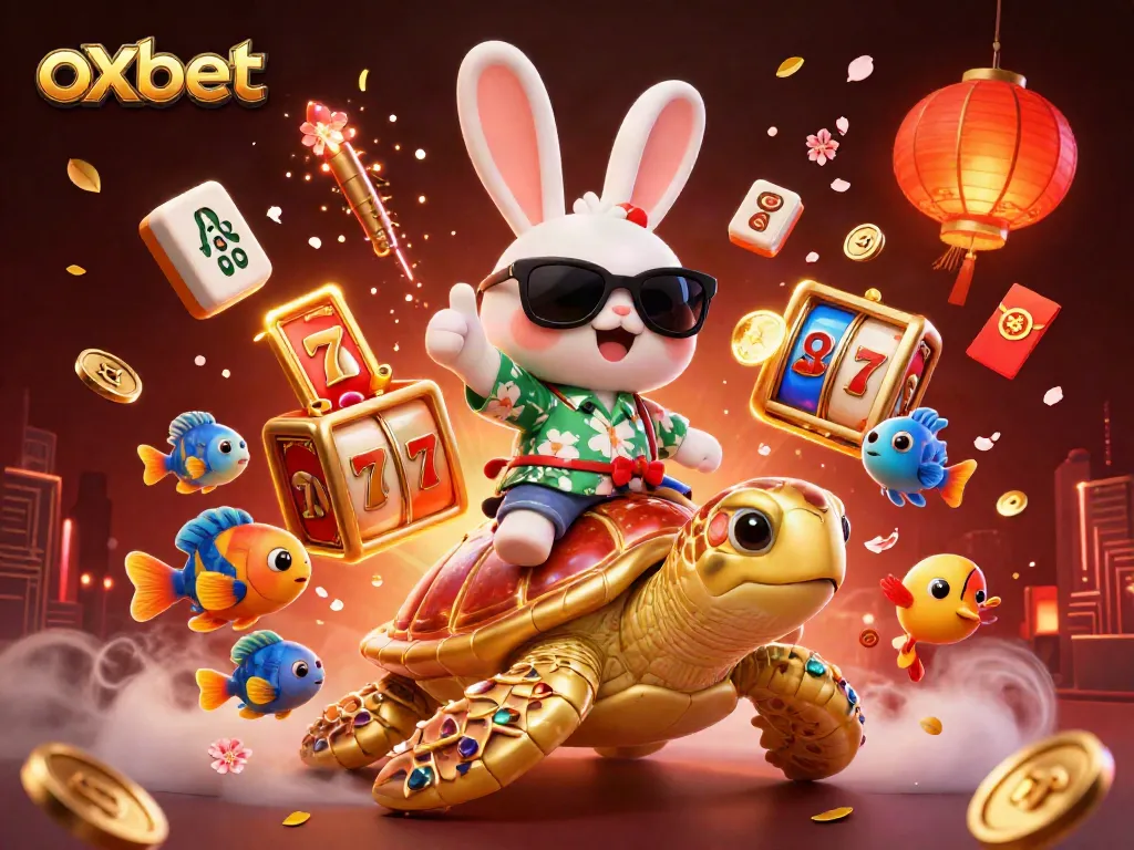 Engage with the vibrant oxbet casino scene featuring a lucky rabbit on a golden turtle amidst lively slot elements.