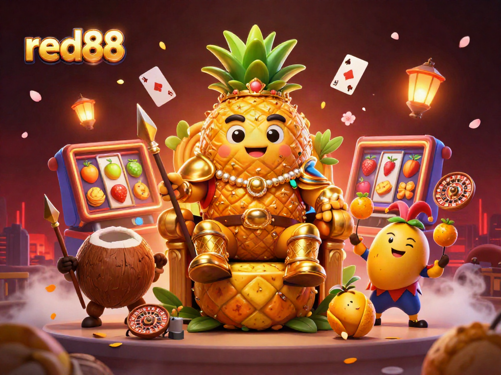 Experience the excitement of red88 with a vibrant casino scene featuring characters surrounded by colorful slot machines and playful elements.