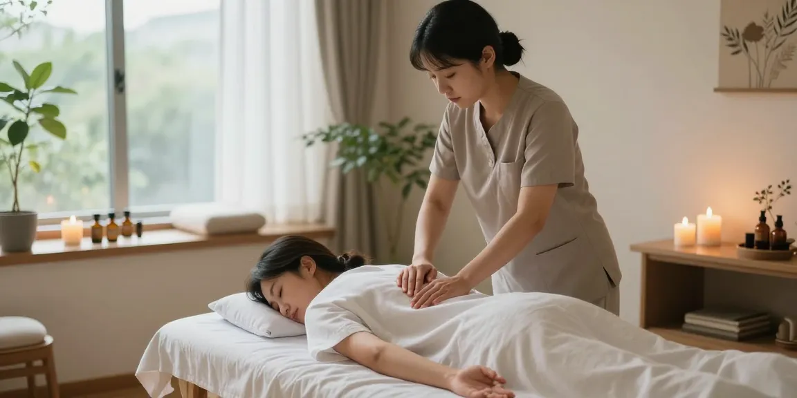 Relaxing 안양출장안마 therapy session in a serene massage room with essential oils and warm light.