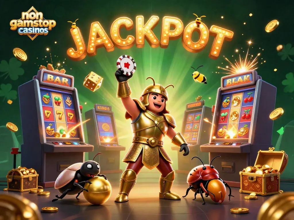 Catch winning moments at non gamstop casinos with a vivid illustration of a hercules beetle and a thrilling casino scene.