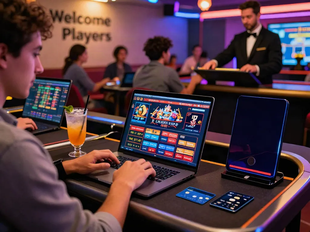 Engaging scene showcasing a player exploring credit card casinos UK at a vibrant online casino atmosphere with neon lights.