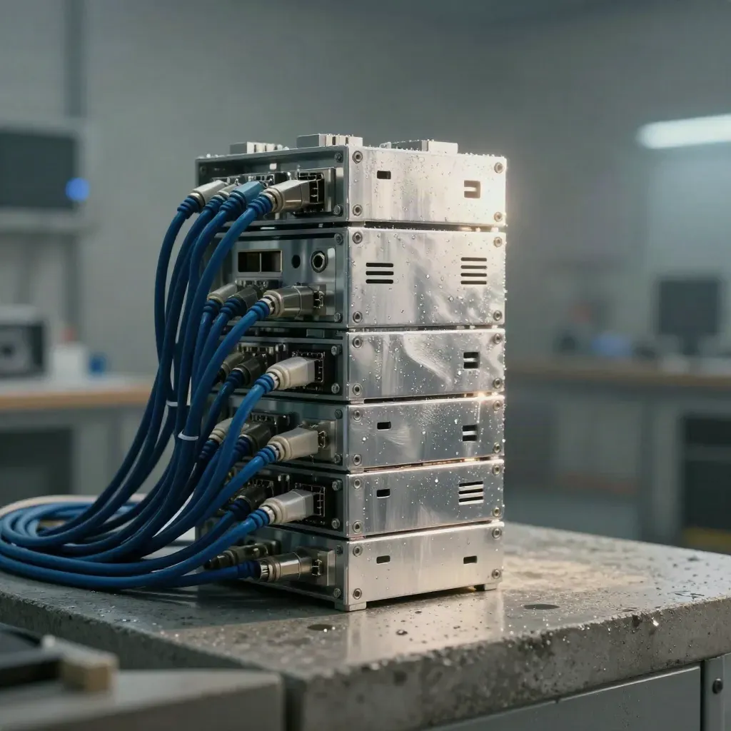 Aluminium prototype enclosures and braided cables on a misty concrete plinth at dawn.