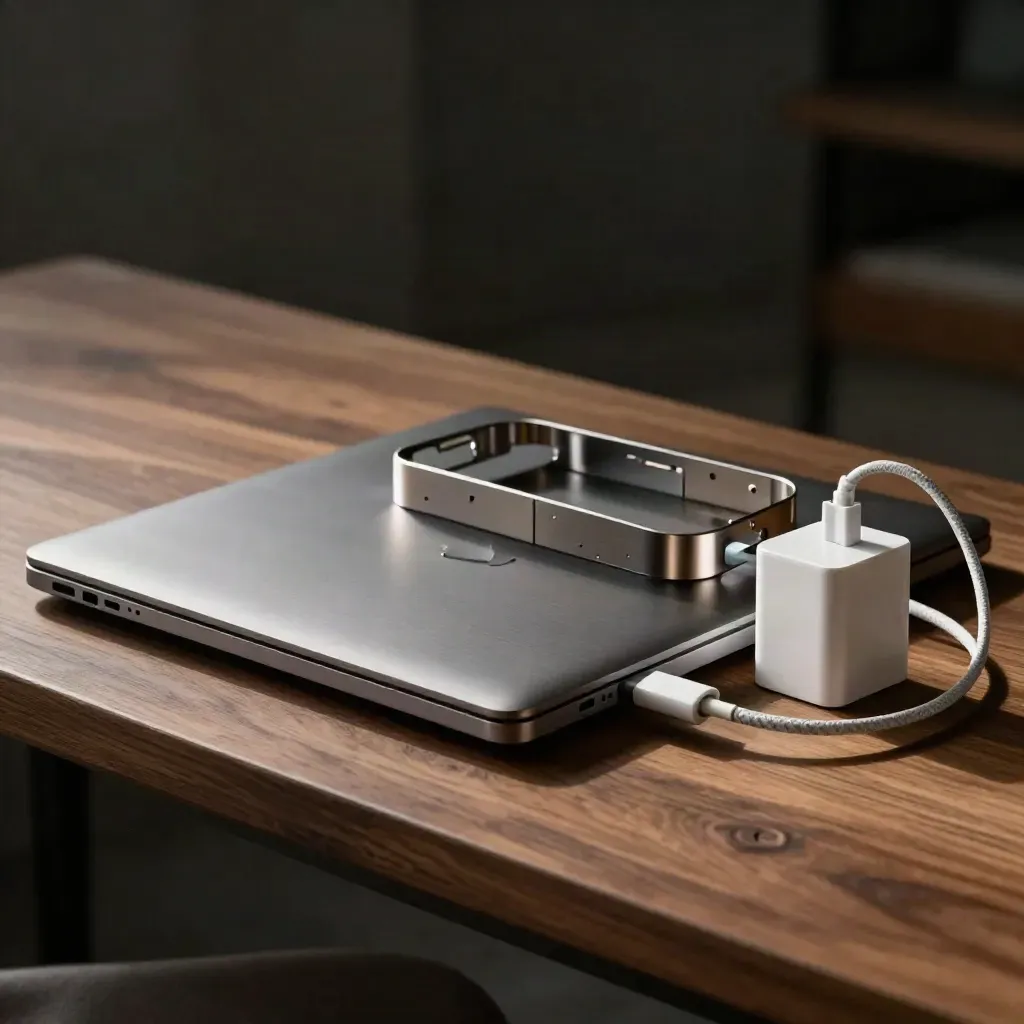Closed ultrabook, prototype shell and charger brick on a walnut studio bench, lit dramatically.