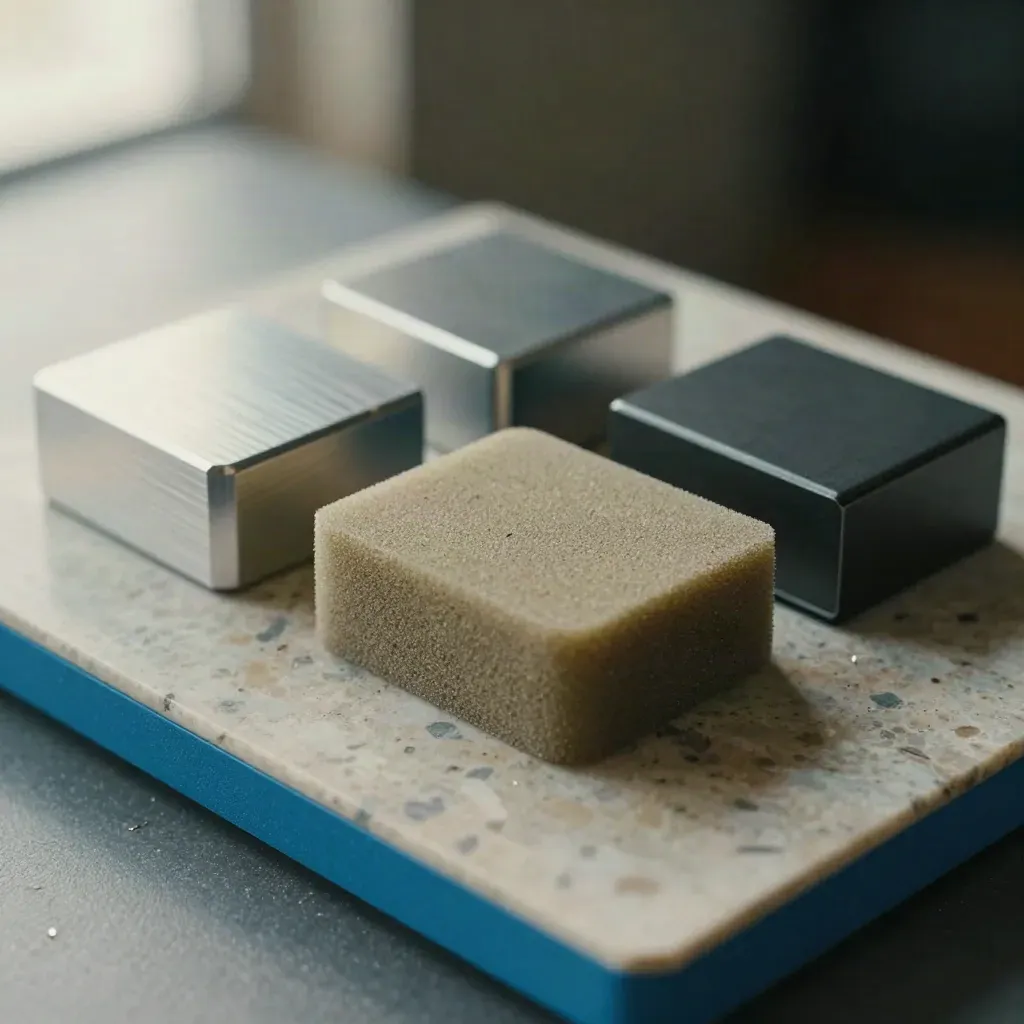 Machined samples, foam form and hinge mockup clustered on travertine in macro detail