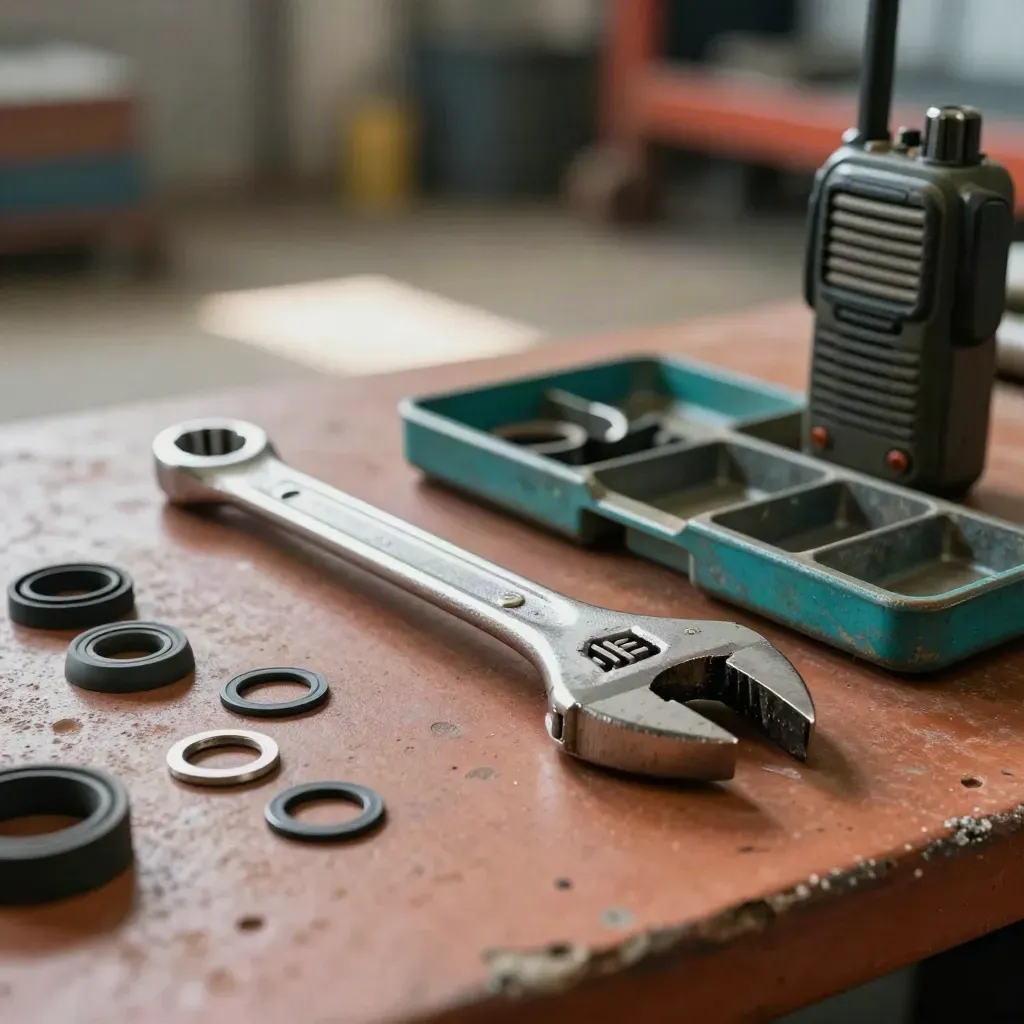 Service spanner, gasket rings, parts tray and rugged radio on a workshop bench.