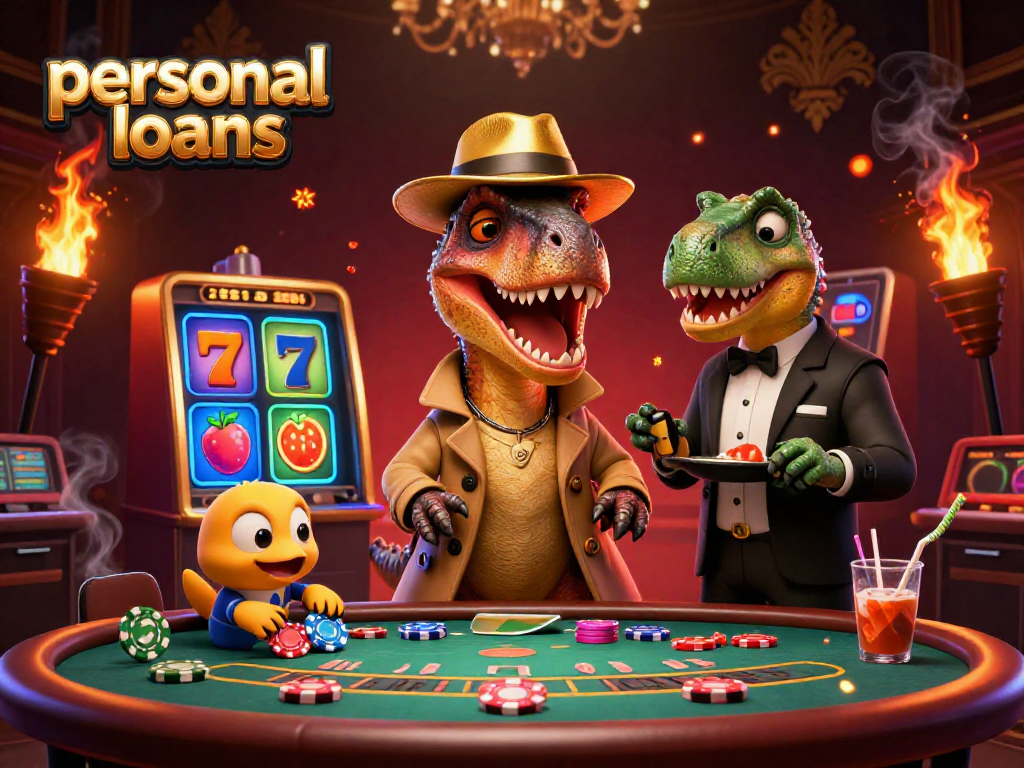 Discover thrilling personal loans strategies in a vibrant casino scene with a velociraptor card counter and stegosaurus pit boss.