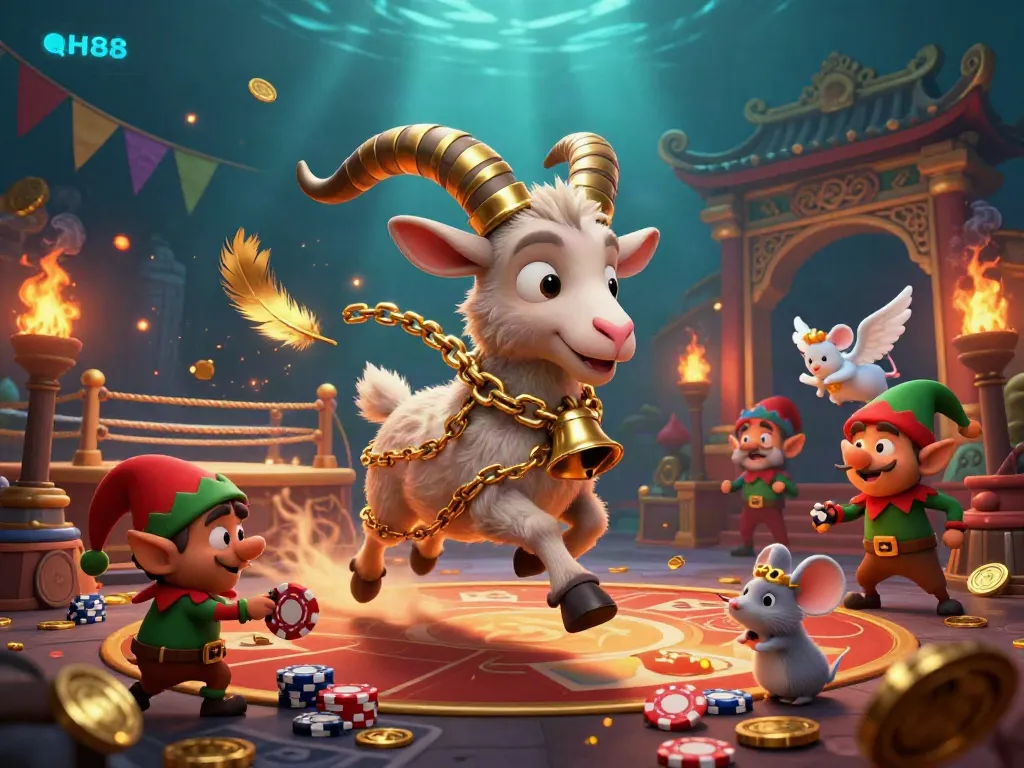 Experience excitement at QH88 casino with Krampus goat, angel mouse, and elf gremlins in a vibrant scene.