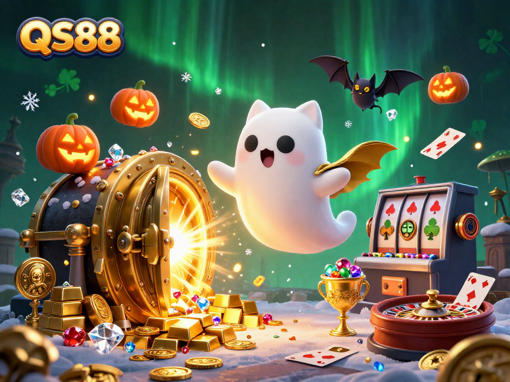 Experience the thrill of QS88 with our vibrant casino scene showcasing ghostly characters and festive jack-o-lanterns.