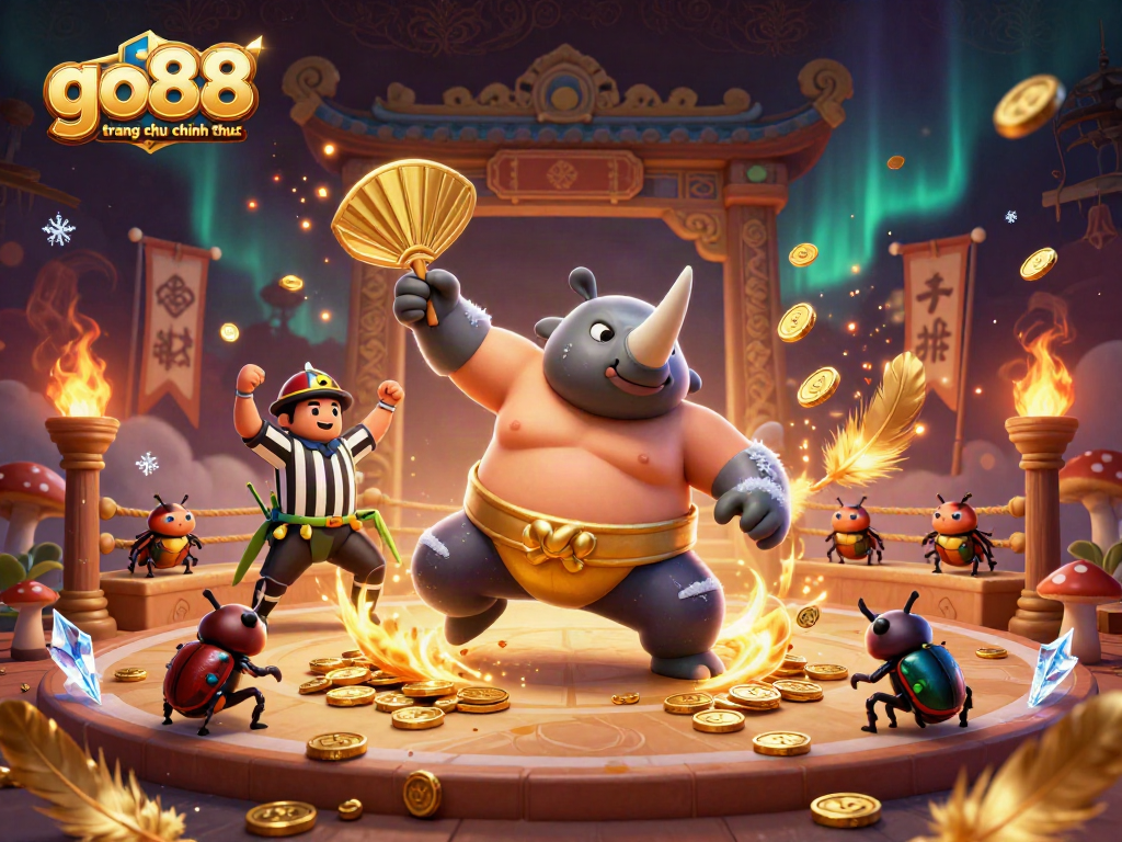 Experience vibrant go88 trang chu chinh thuc action with a cartoon beetle sumo champion amidst golden coins.