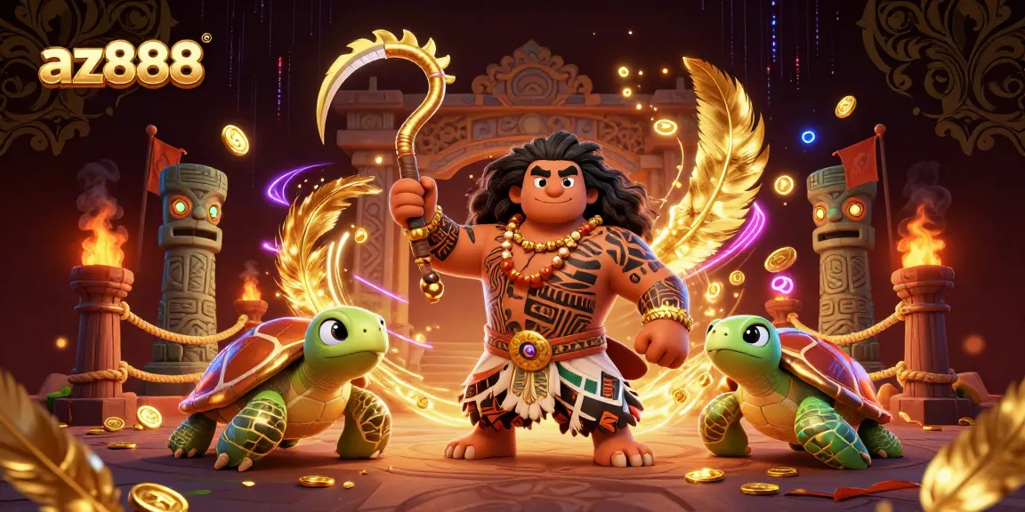 Experience the vibrant and engaging scene at az888, featuring a demigod hawk amidst glowing tiki statues and dynamic betting elements.