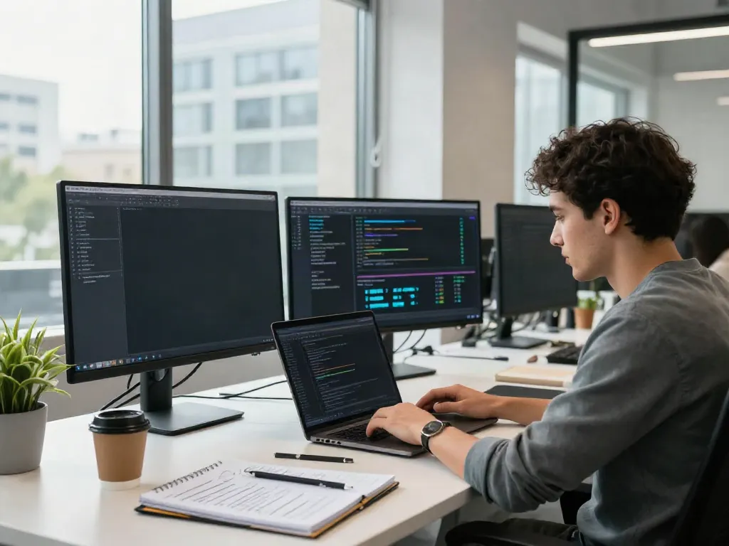 Web developer showcasing instant indexing performance metrics in a modern office.