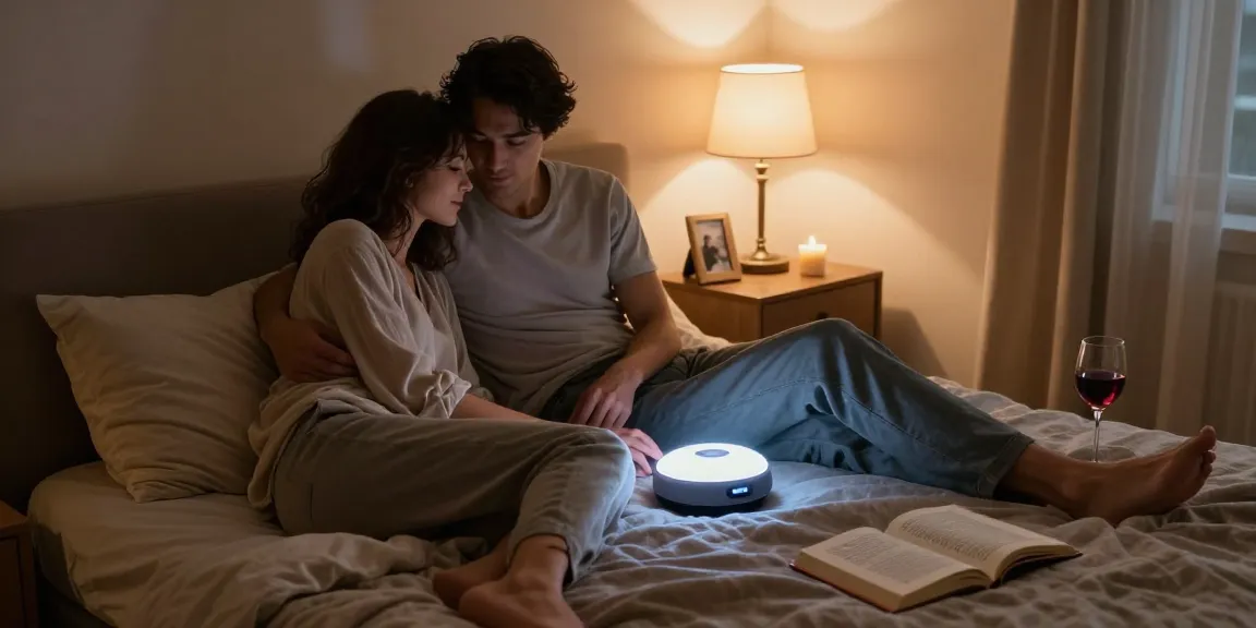 Couple engaging with sex AI device in intimate bedroom setting.