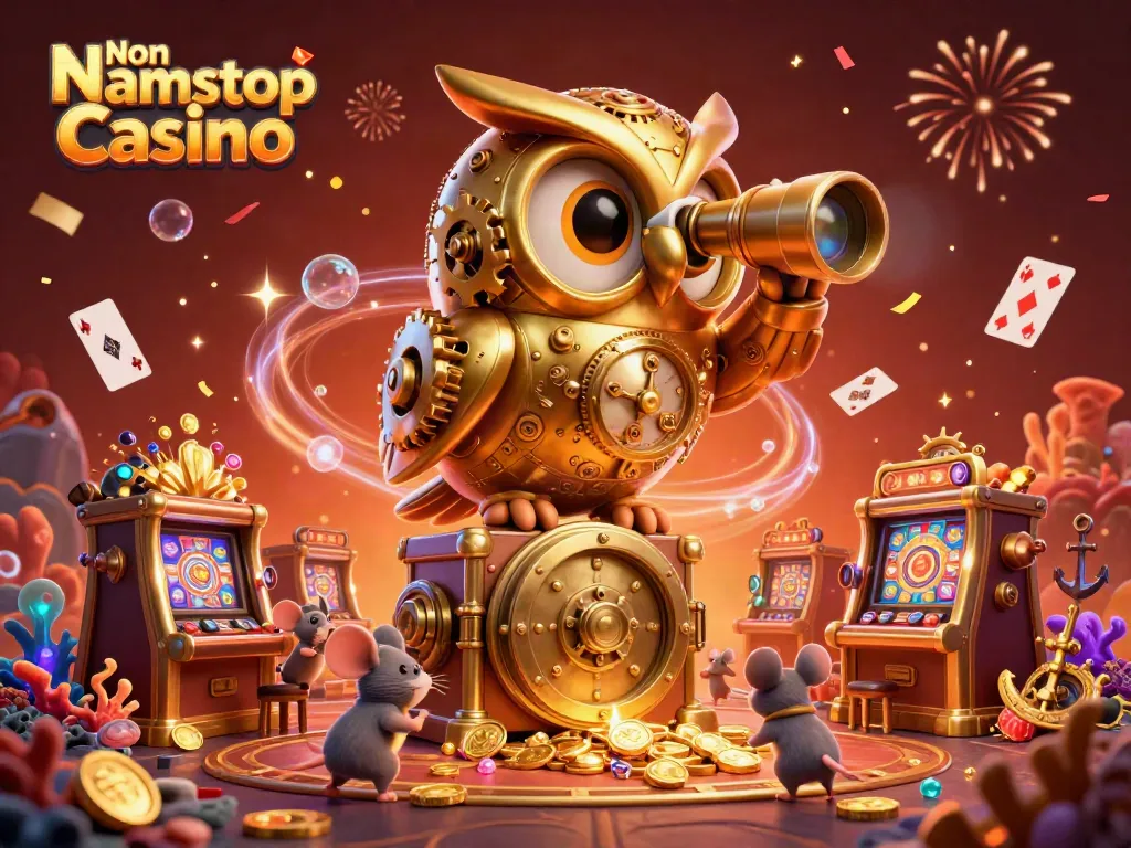 Play exciting games at a Non Gamstop Casino while a golden owl oversees a vibrant scene filled with treasures.