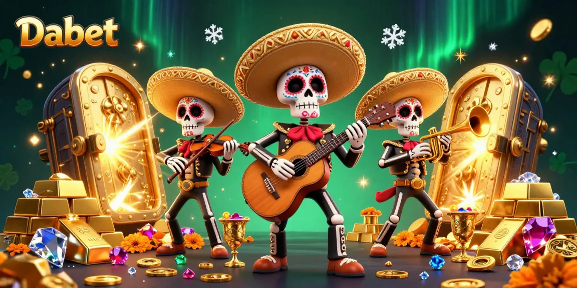 Dabet invites players to explore an engaging online casino experience with festive mariachi skeletons amidst gold and gems.