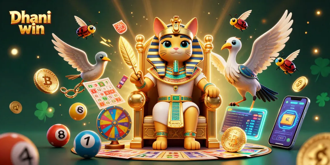 Dhani win lottery game illustration with Egyptian cat and scribe, vibrant gameplay scenes