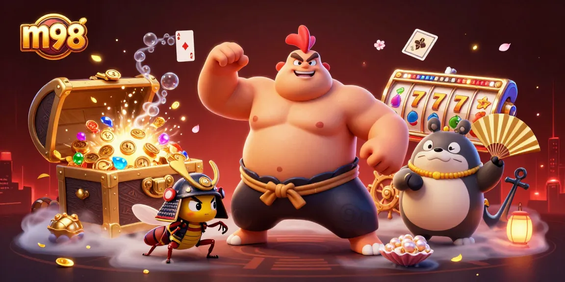 Experience exciting slots with m98 featuring a sumo wrestler rooster, samurai cricket, and gambling elements.