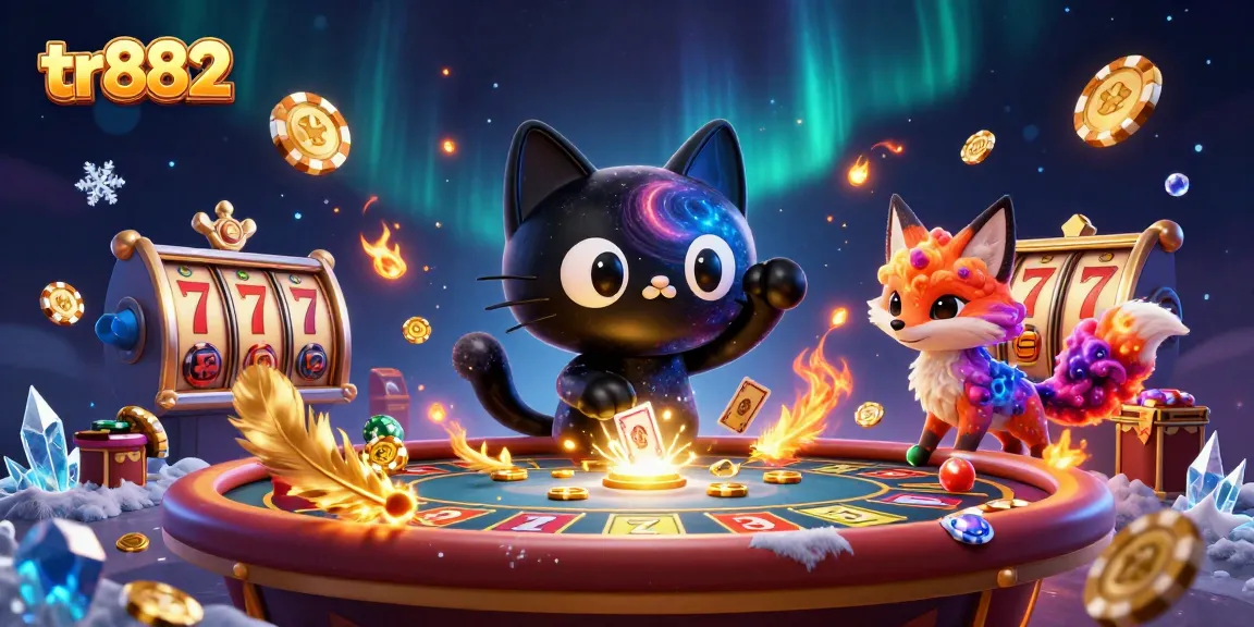 Experience thrilling gaming action at tr882 with a cosmic cat and colorful fox amidst vibrant casino elements.