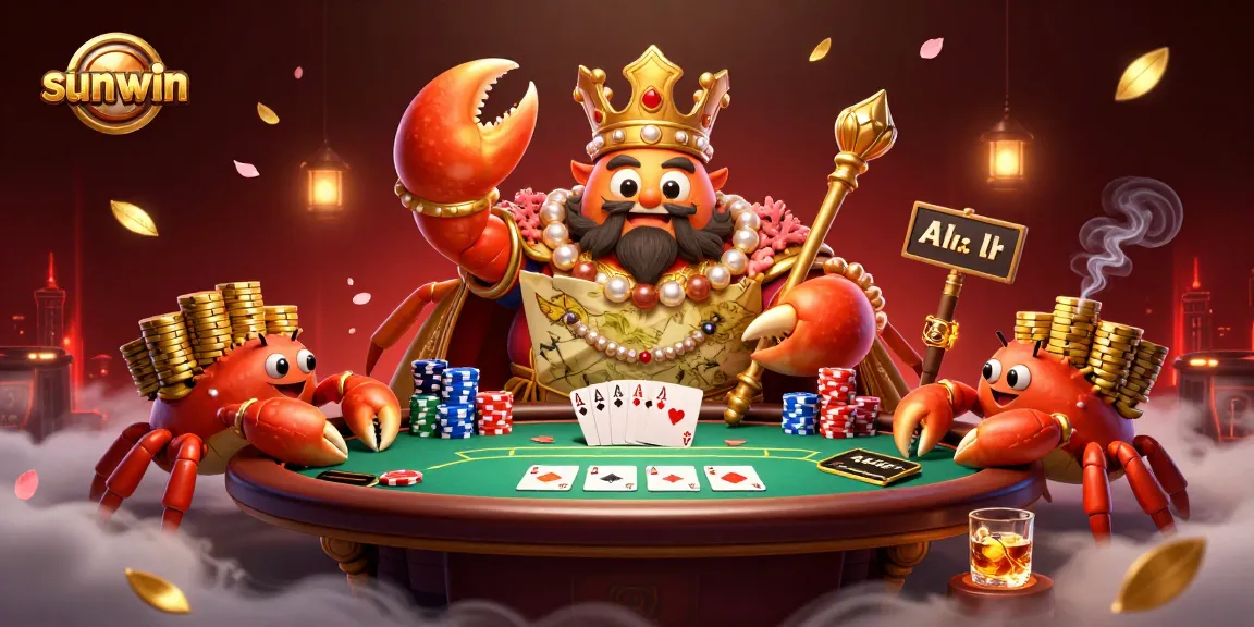 Engage in sunwin's vibrant poker scene with a golden crab emperor, colorful chips, and immersive elements.