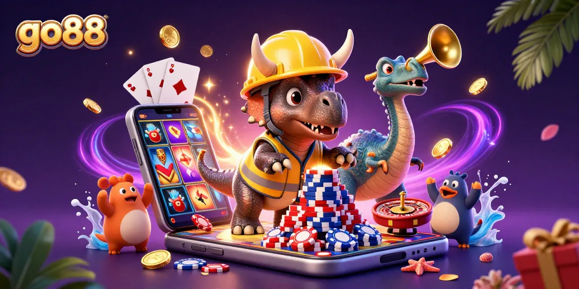 Experience excitement with go88 as animated characters celebrate in a vibrant casino setting.