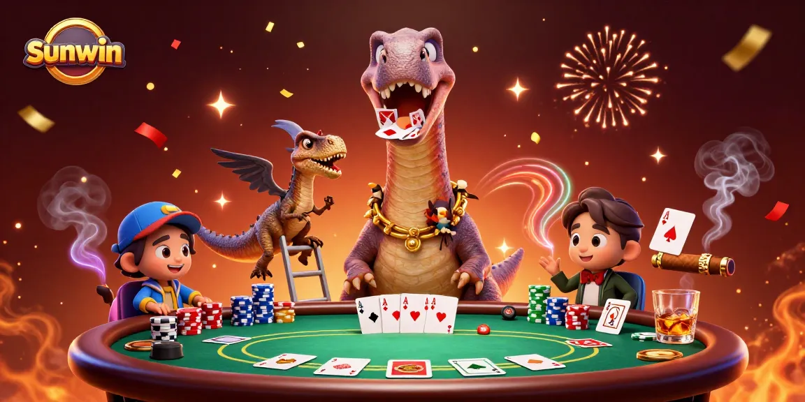 Experience thrilling gameplay at Sunwin as a brontosaurus surveys a busy poker table.