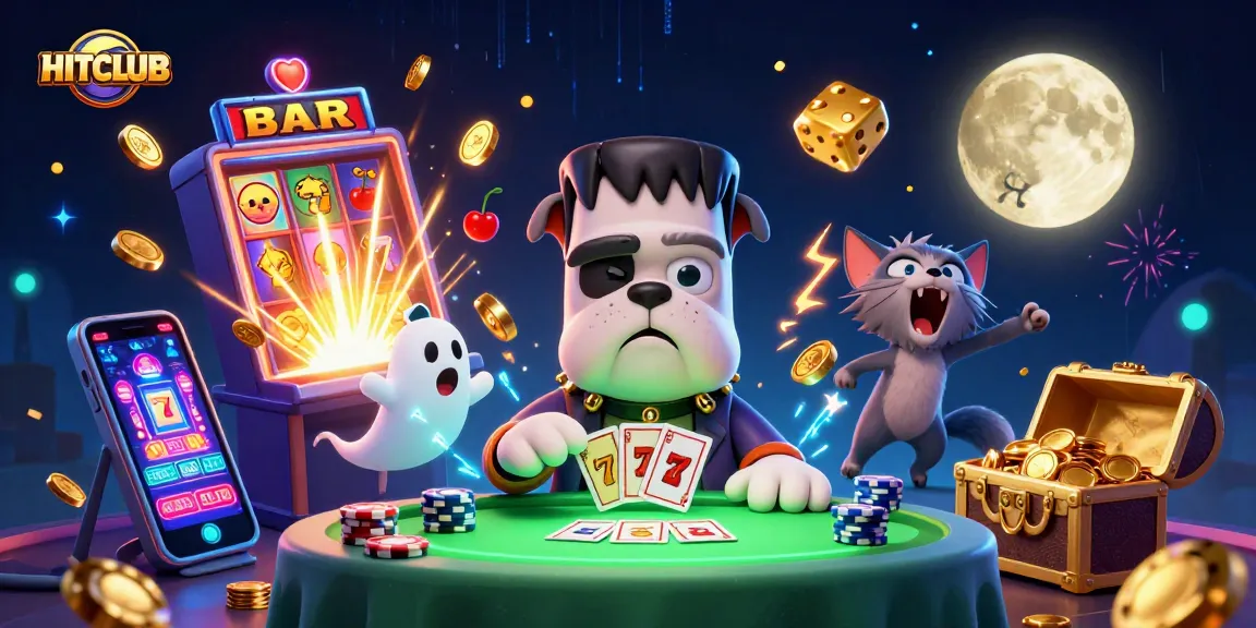 Experience thrilling gaming at HITCLUB with a lively 3D illustration featuring playful characters and casino elements.