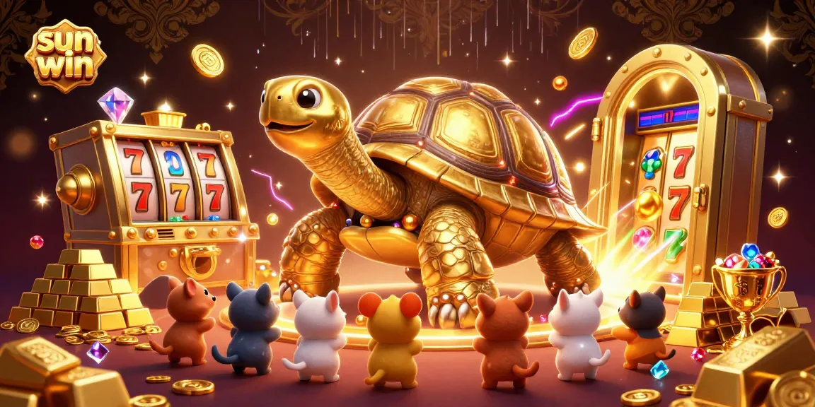 The sun win casino scene showcases a vibrant 3D tortoise pinball machine with playful animals amidst gold and gems.