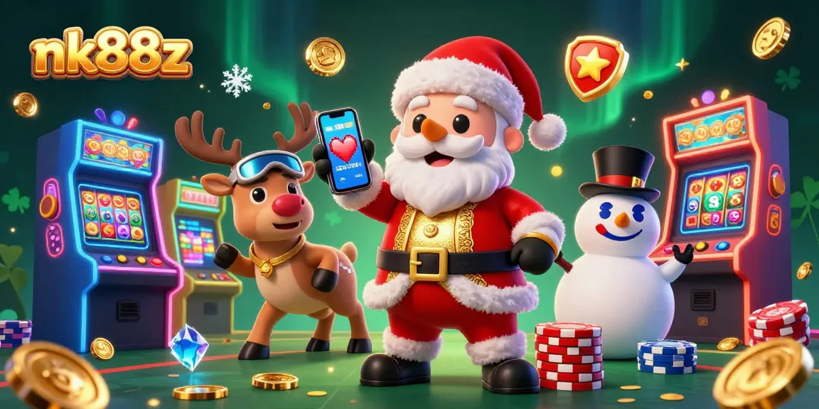 Engage in jackpot excitement at nk88z with festive characters and vibrant casino elements.