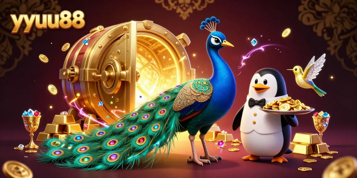 Experience the vibrant winning atmosphere at yyuu88 with a cartoonish peacock and treasures amidst dazzling casino features.